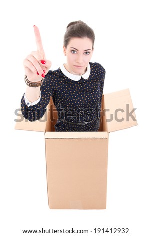 business woman showing idea gesture in cardboard box isolated on white background