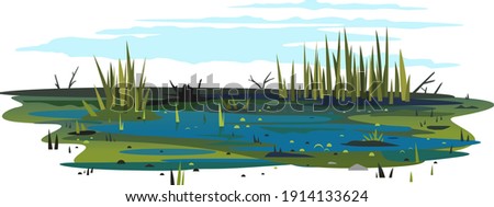 Wild danger swamp with dirty water and various plants isolated illustration, dead trees with bulrush plants, clipart of terrible mystical place, swampy pond with reeds, overgrown pond Royalty-Free Stock Photo #1914133624