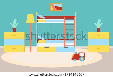 Children bedroom interior with children's bunk bed,two chests of drawers,flowers,picture and train on a carpet. Flat design.Stock vector illustration.
