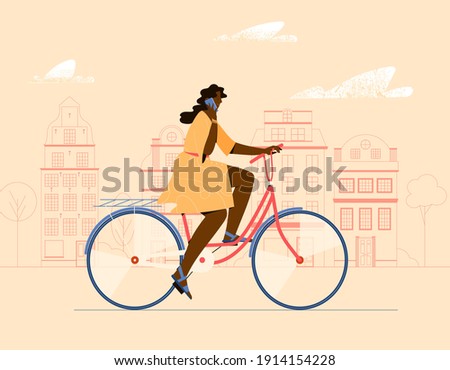Girl riding a bike and talking on the phone. Vector illustration, city background