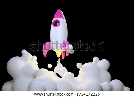 Launching rocket model taking off against black background. Concept of project launching in business. 3d rendering, mock up.