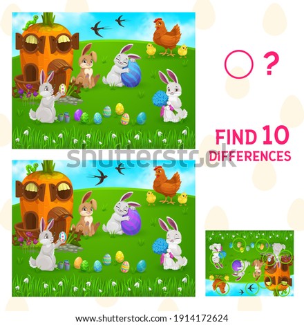 Find differences kids game with vector Easter egg hunt. Children education puzzle or spot 10 differences worksheet template with cartoon Easter bunnies, painted eggs, spring green grass and flowers Royalty-Free Stock Photo #1914172624