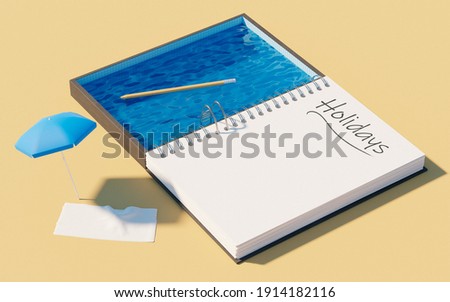 notepad with the word Holidays written on it, a swimming pool, umbrella with towel and a pencil floating in the water. 3d render