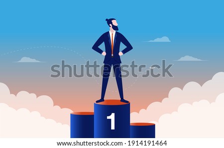 Proud businessman winning first place - Man standing on top of podium after being rewarded with 1st place. Winner, champion and success concept. Vector illustration. Royalty-Free Stock Photo #1914191464