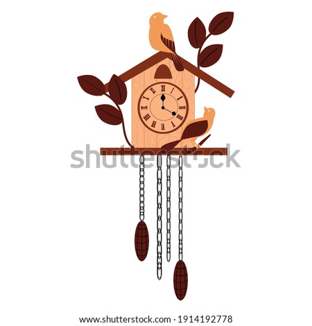 Vector wooden wall cuckoo clock isolated on white background.