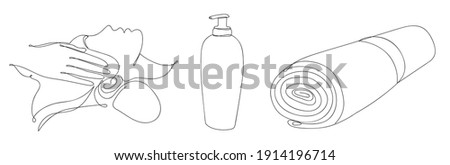Abstract image in a linear style of a woman, a towel and a cream bottle. Vector illustration.