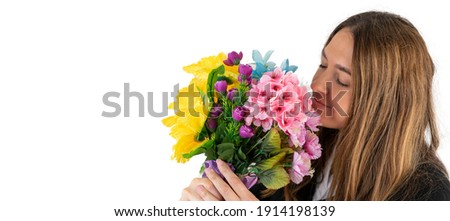 
A woman holding a bouquet of flowers with copy space.White background