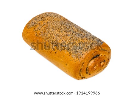 Sweet pastries. Roll with poppy seeds. Isolated object on a white background. Healthy baked bread. One piece of bread on white