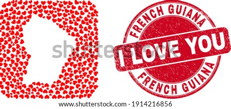 Vector mosaic French Guiana map of love heart elements and grunge love badge. Mosaic geographic French Guiana map created as stencil from rounded square shape with love hearts.