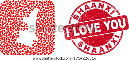Vector collage Shaanxi Province map of valentine heart elements and grunge love seal. Collage geographic Shaanxi Province map constructed as subtraction from rounded square with love hearts.