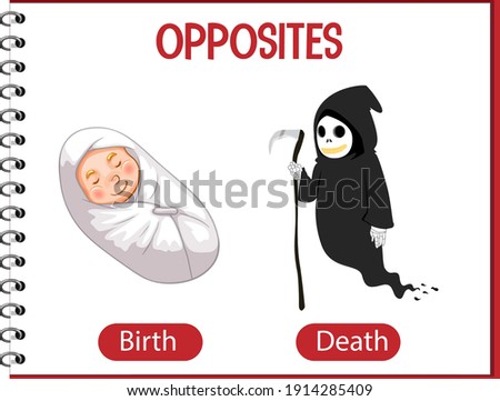 Opposite words with birth and death illustration