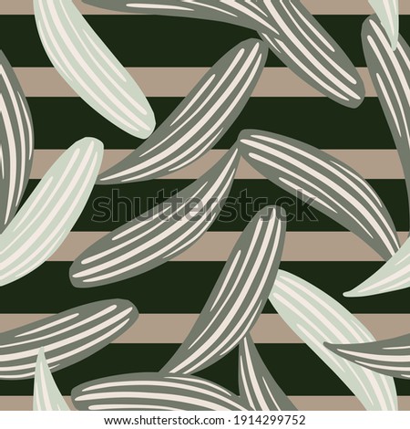 Seamless random pattern with doodle lily of the valley leaves ornament. Brown striped background. Stock illustration. Vector design for textile, fabric, giftwrap, wallpapers.