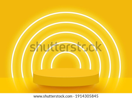 Stage podium decorated with lighting. Pedestal scene with for product, advertising, show, award ceremony, on yellow background. Summer background. Minimal style. Vector illustration.
