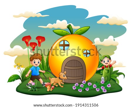 Orange house with happy kids playing in the park