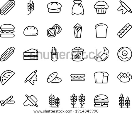 Food line icon set - burger, spike, bread, hot dog, sandwich, burito, dim sum, dough and rolling pin, calsone, donut, croissant, baguette, french, piece, flour bag, spikes, sanwich, muffin, cookies
