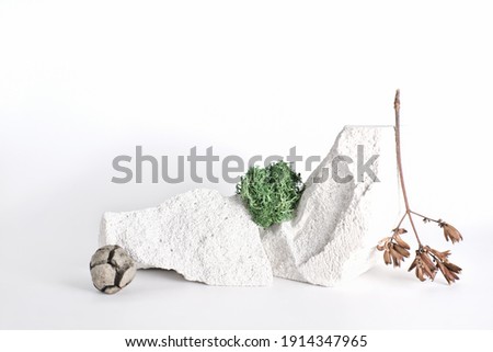 showcase display for natural eco products. stones, dry bush branch, moss on white background. mock up for clean eco friendly cosmetic product. modern still life shot.