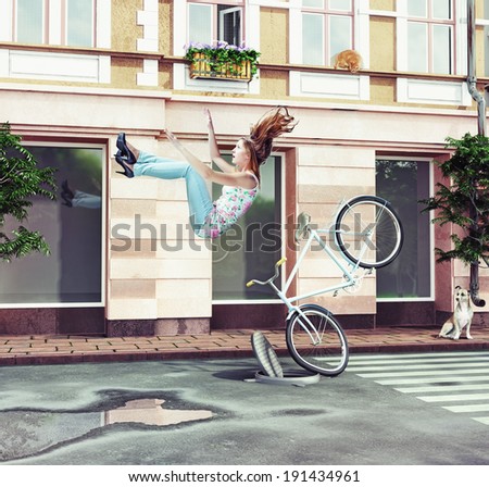 The girl falling off her bicycle on city street. Creative concept Photo compilation