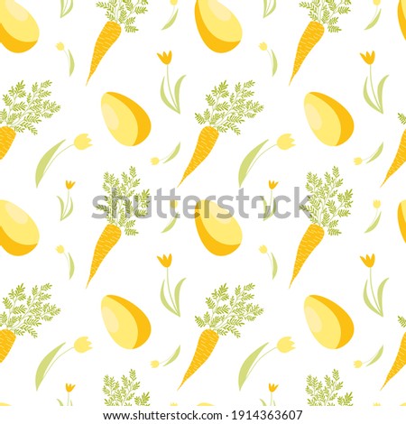 Easter seamless pattern. Easter elements on white background. Orange carrot, eggs, tulips. Vector stock illustration. Wrapping paper, invitations, home decor, textile.