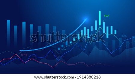 Business candle stick graph chart of stock market investment trading on blue background. Bullish point, up trend of graph. Economy vector design Royalty-Free Stock Photo #1914380218