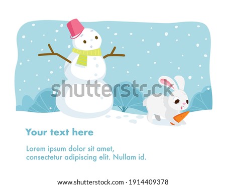 Bunny rabbit steals carrot nose from Christmas snowman and runs away.Puzzled snowman with bucket hat,scarf in trouble raising his hands up.Merry christmas, happy new year greeting card with copy-space