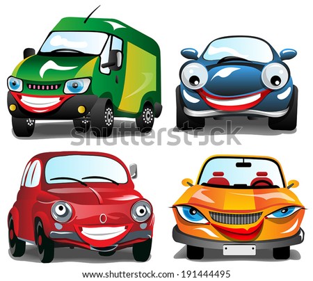 Smiling Car - 4 cartoons of Smiling Cars in 4 different colors