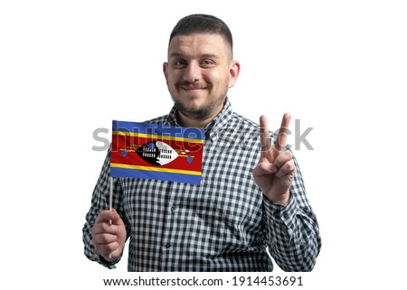 White guy holding a flag of Esvatini and shows two fingers isolated on a white background.