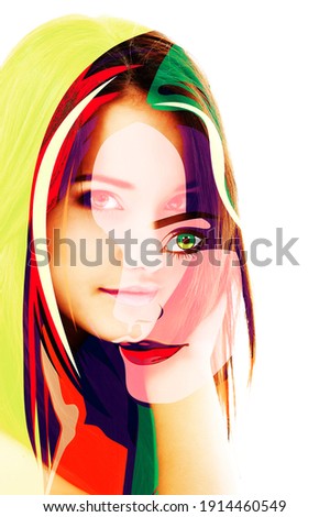 Young beautiful woman, double exposure with fashion illustration of female face, beauty concept