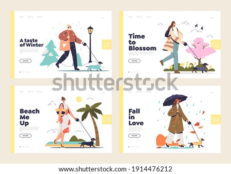 Four seasons activities set with females walking with dog outdoors in winter, summer, spring and autumn background. Cartoon flat landing pages. Vector illustration