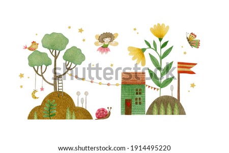 Watercolor illustration of a fairy garden isolated on a white background.