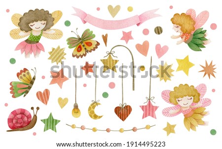 Watercolor set of elements of fairies, hearts, stars, ribbon, butterflies, snail, beads on a ribbon, moon, light bulb isolated on white background.