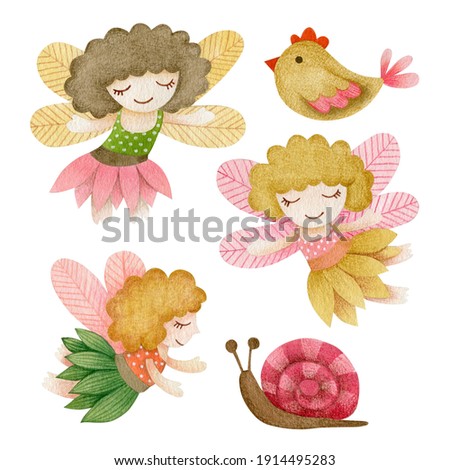 Watercolor set of fairies, bird, snail isolated on white background.