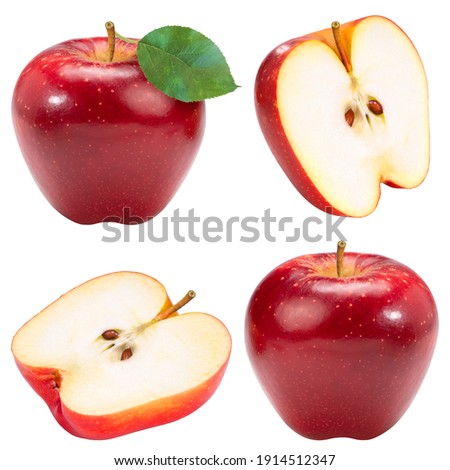 Collection of Fresh Red Apple with leaves isolated on white background, Red Royal Gala apple on white background With clipping path.