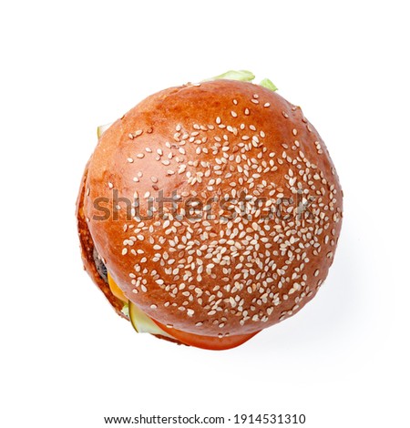 Cooked burger isolated on white background top view