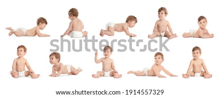 Collage with photos of cute little baby in diaper on white background. Banner design Royalty-Free Stock Photo #1914557329