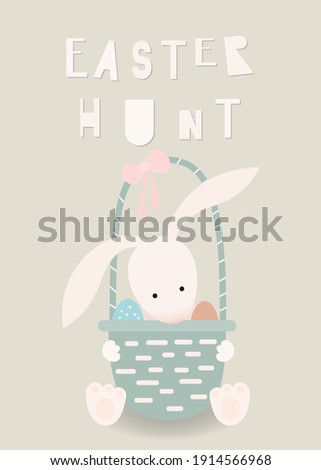 Happy Easter greeting card – Easter bunny with basket. Lettering Easter hunt. Vector illustration in retro design.