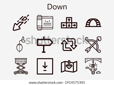 Premium set of down [S] icons. Simple down icon pack. Stroke vector illustration on a white background. Modern outline style icons collection of Arrow, Ladder, Scroll, Bungee jumping, Breathing