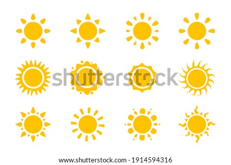 Vector cartoon yellow sun Shining light rays to heat the summer. Isolated on white background. Royalty-Free Stock Photo #1914594316