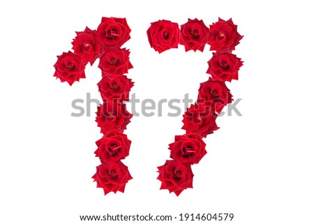 Numeral 17 made of red roses on a white isolated background. Red roses. Element for decoration. seventeen