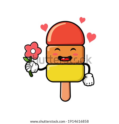 cute ice cream cartoon mascot character funny expression giving flower
