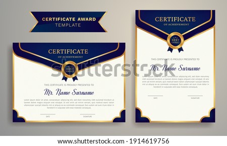 Golden color Certificate Award Design Template. Clean modern certificate with gold badge. Certificate border template with luxury and modern line pattern. Diploma Certificate vector template. Royalty-Free Stock Photo #1914619756