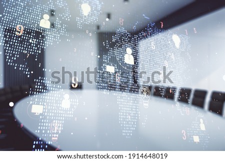 Double exposure of social network icons hologram and world map on a modern meeting room background. Marketing and promotion concept