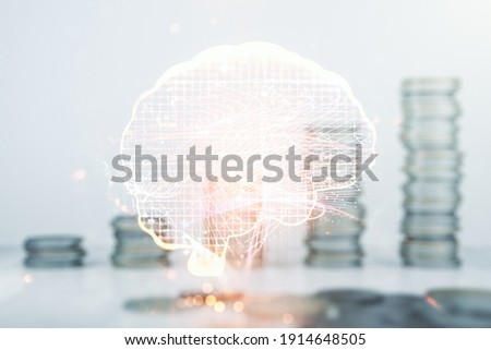 Virtual creative artificial Intelligence hologram with human brain sketch on coins background. Double exposure
