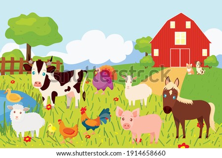Farm animals with landscape: sheep, goat, pig, cow, horse, kitten, dog, duck, chick, chicken, rooster, turkey, house with a lawn and a lake. Cute vector illustration in cartoon style.