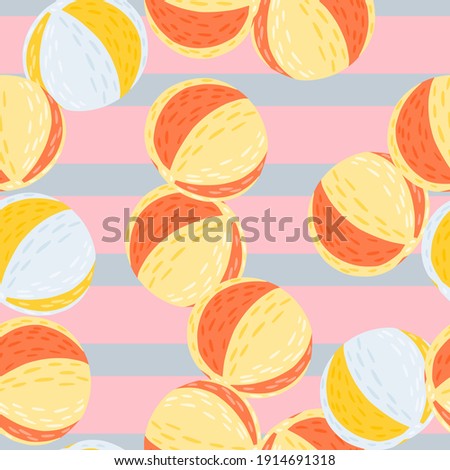 Scrapbook summer seamless pattern with random orange beach ball shapes. Striped pink and blue background. Flat vector print for textile, fabric, giftwrap, wallpapers. Endless illustration.