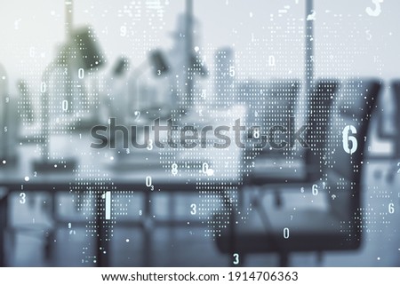Abstract virtual coding illustration and world map on a modern furnished classroom background, international software development concept. Multiexposure
