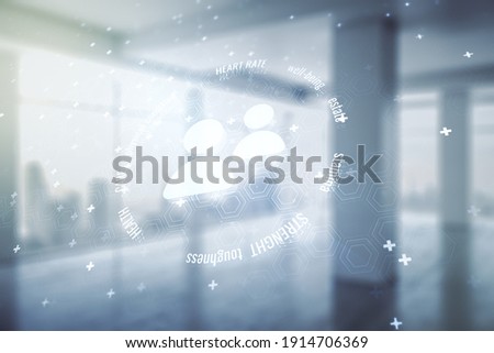 Abstract virtual people icons hologram on modern interior background, life and health insurance concept. Multi exposure