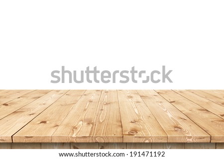 Empty wooden table in a sun drenched summer garden for product placement or montage with focus to the table top in the foreground, with white background. Royalty-Free Stock Photo #191471192