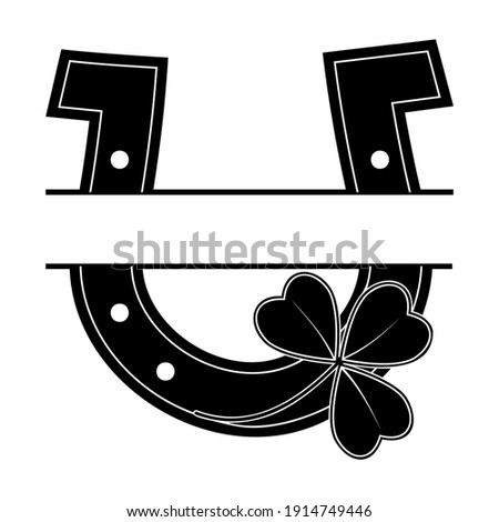 Happy golden horseshoe with three-leaf clover for St. Patrick's Day, black stencil, vector isolated illustration on white background in flat style, icon, logo, design, decoration, sticker, print