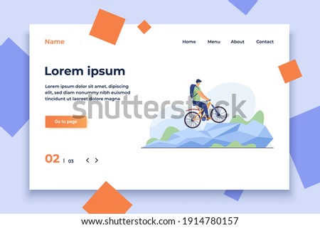 Man cycling on mountain bicycle. Tourist, nature, backpack flat vector illustration. Active lifestyle and extreme sport concept for banner, website design or landing web page