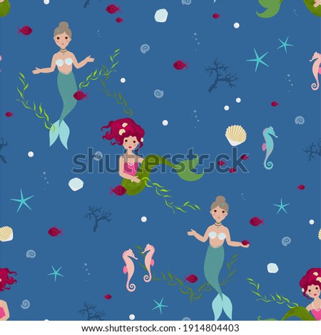  Seamless pattern for little princesses with beautiful mermaids, seashells, fish and seahorses